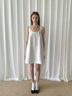 White Bow Sleeveless A-Line Dress