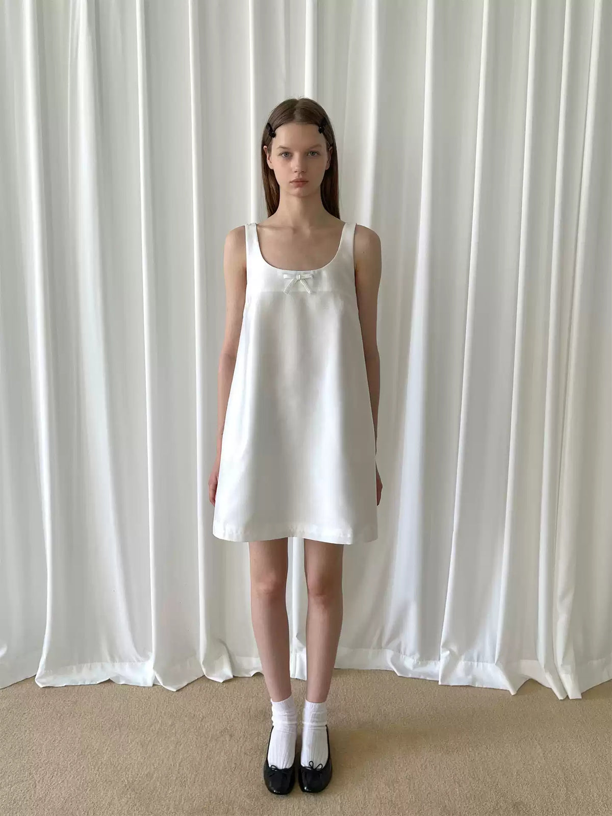 White Bow Sleeveless A-Line Dress
