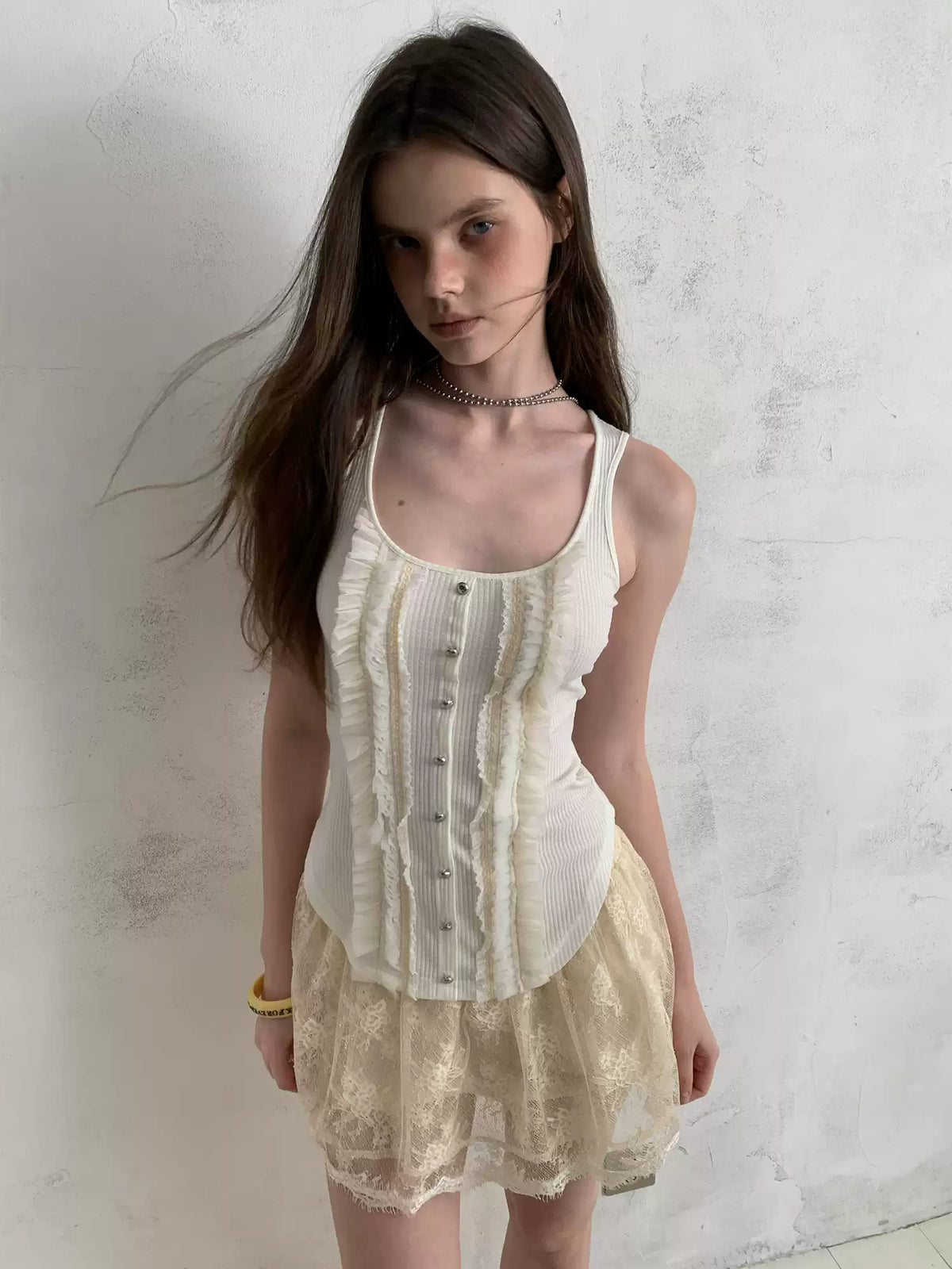 First Love Ruffle Lace Panel Fitted Camisole Top