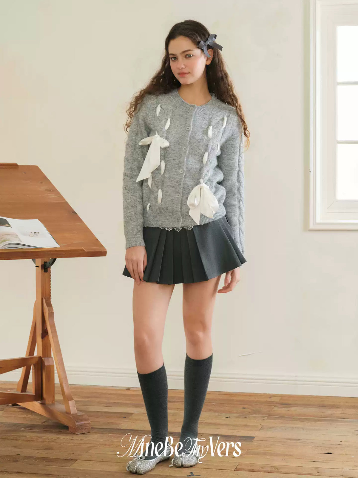 Gray Ribbon-Tie Wool-Blend Cardigan