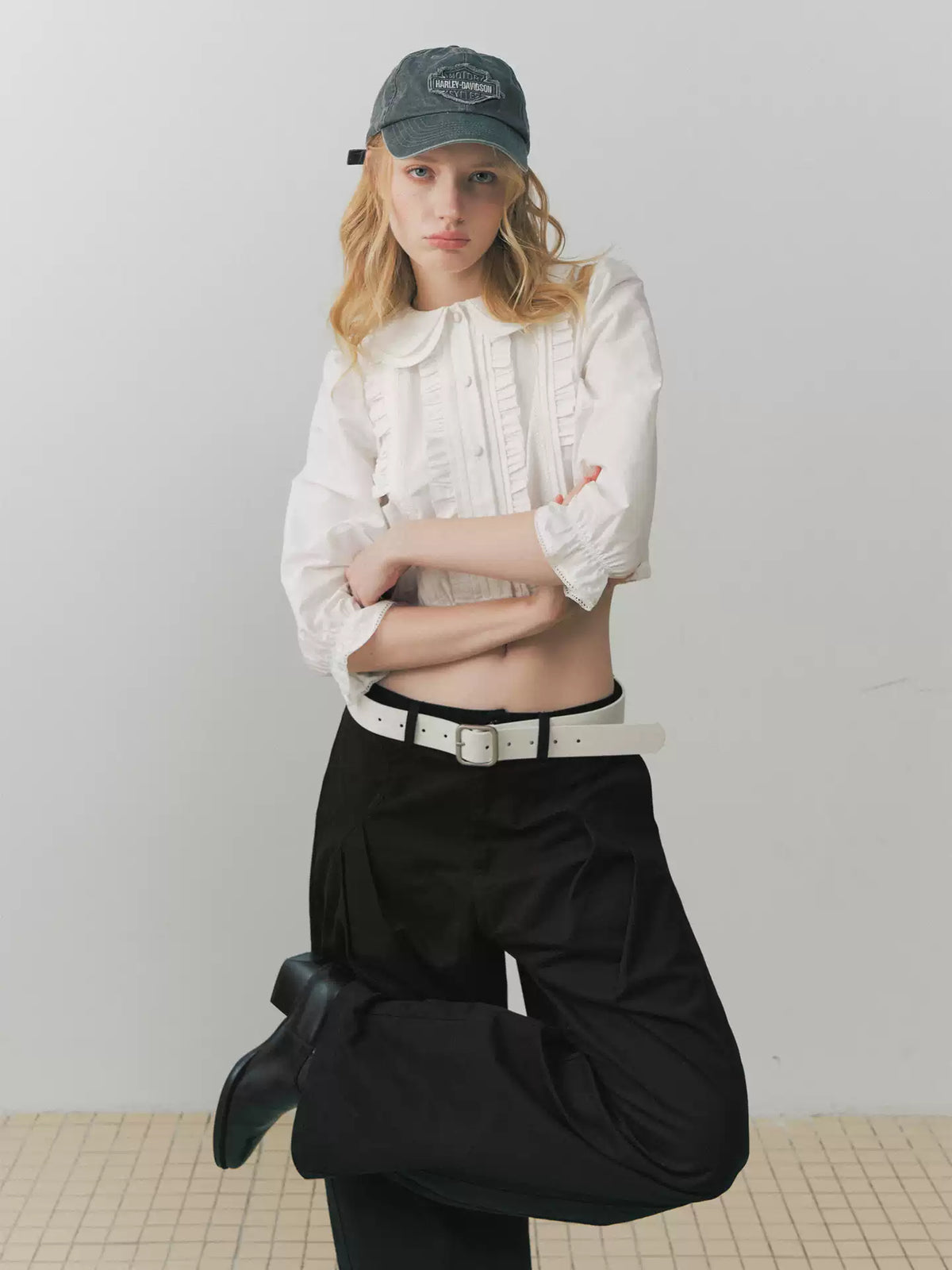 Double Peter Pan Collar Pleated Cropped Blouse