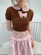 Retro Brown Rabbit Short-Sleeve Knit Top