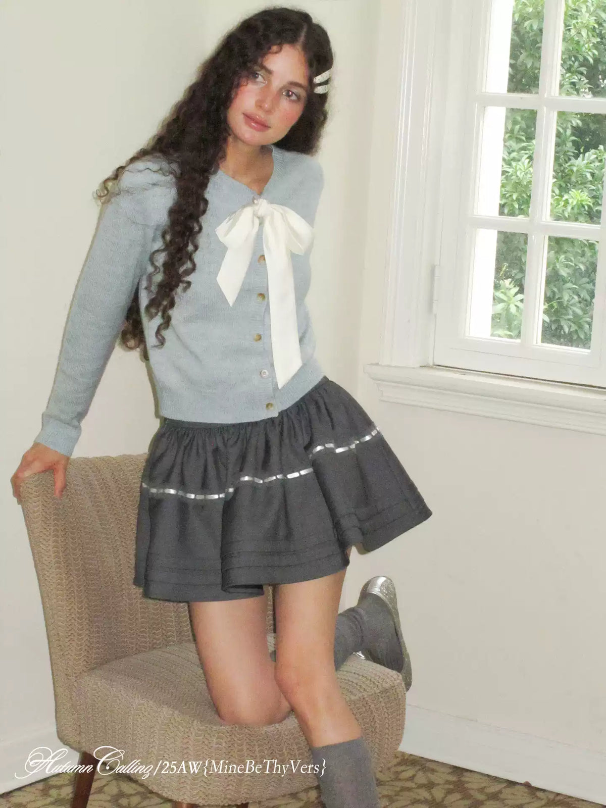 Blue Bow-Tie Wool-Blend Cardigan