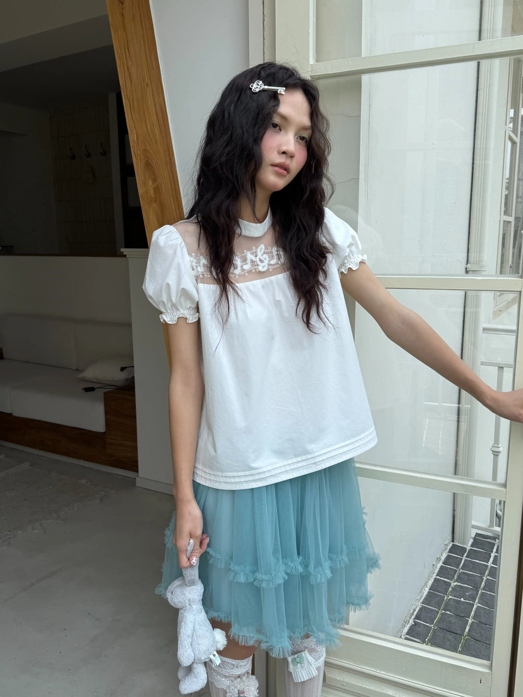 White Lace Tulle Puff-Sleeve Blouse
