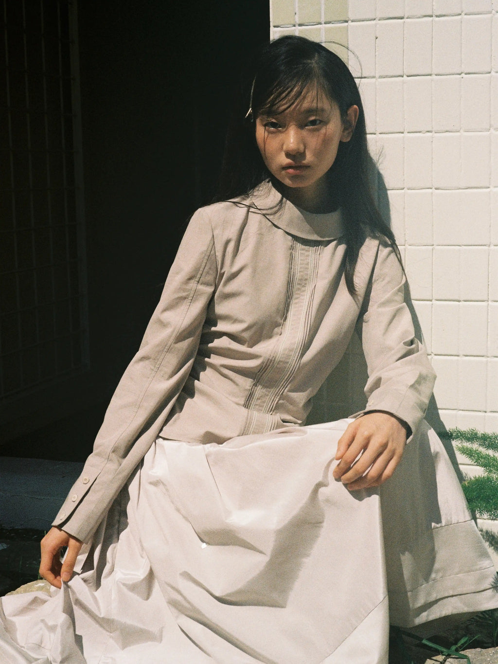 Pebble Gray Stand Collar Long Sleeve Blouse