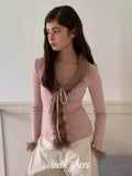 Pink Contrast Faux-Fur Trim Cardigan