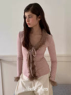 Pink Contrast Faux-Fur Trim Cardigan