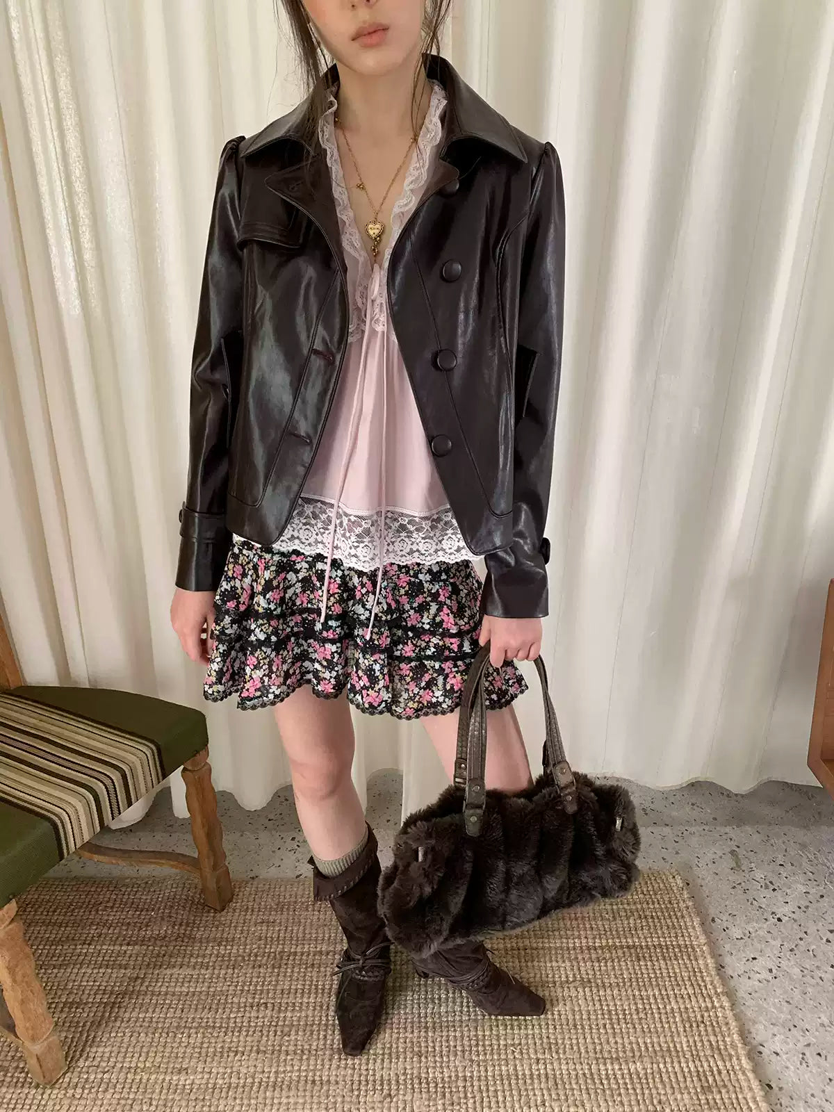 Ebony Brown Glossy Cropped Faux Leather Jacket