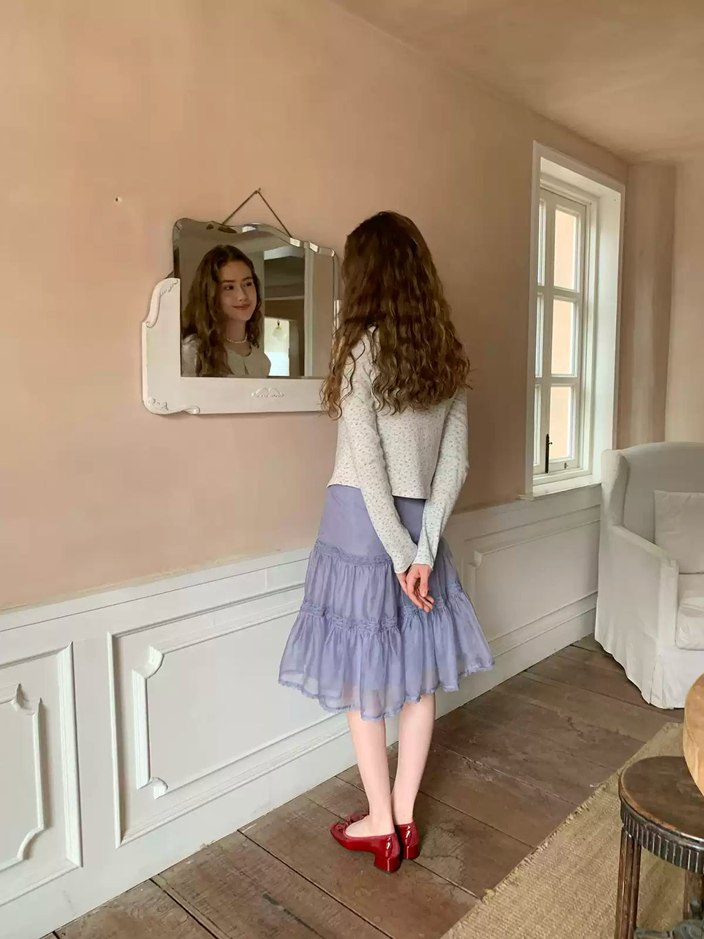 Soft Purple Lace Panel Pleated Tulle Skirt