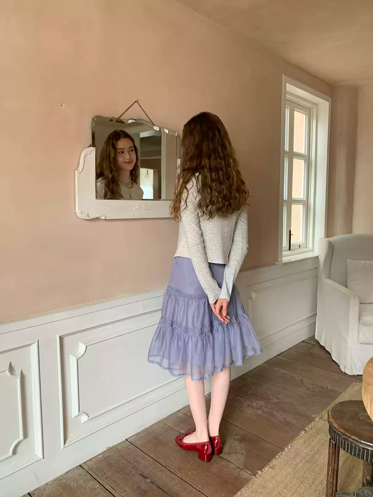 Soft Purple Lace Panel Pleated Tulle Skirt