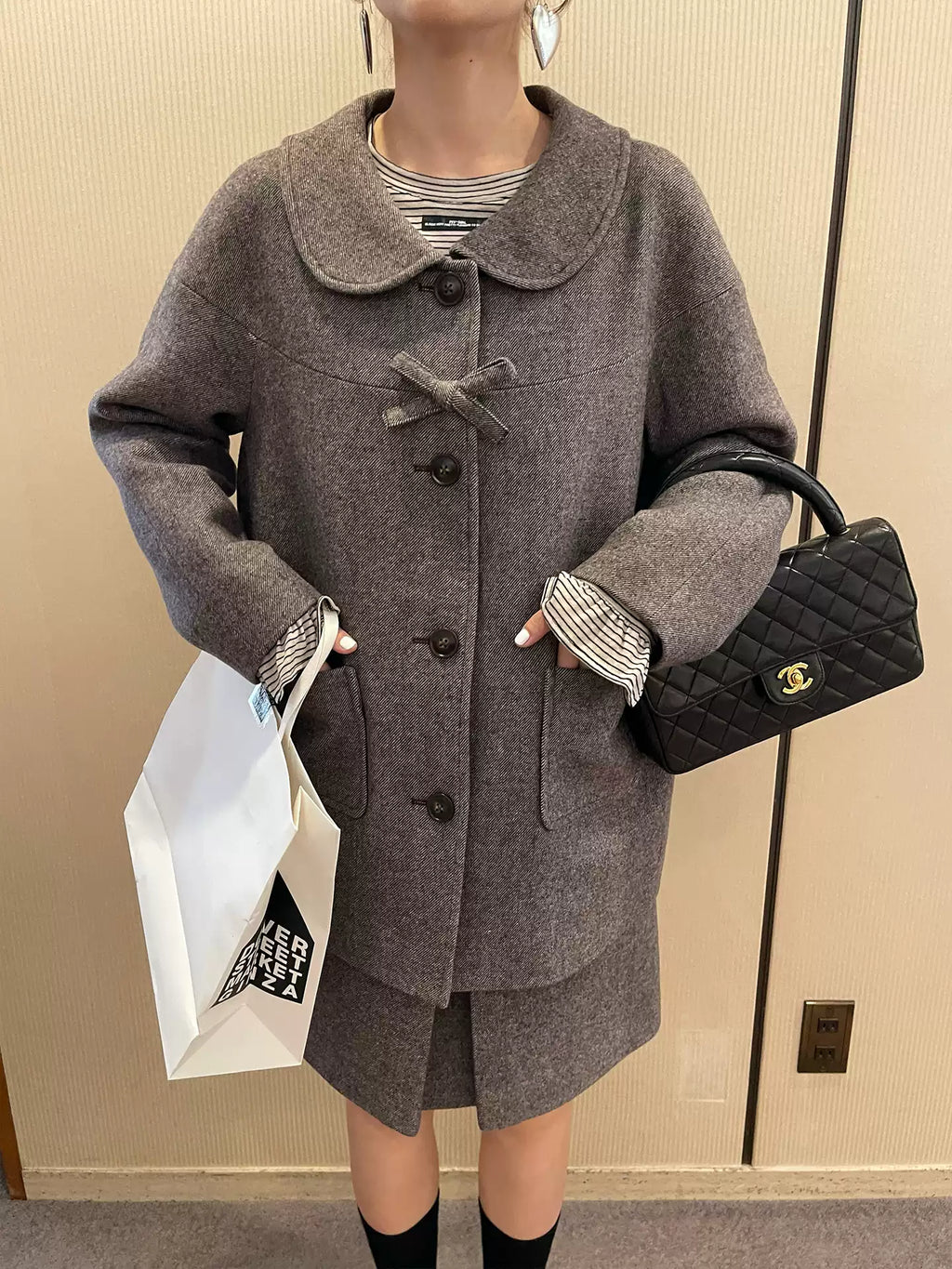 Wool-Blend Collar Bow Long Coat