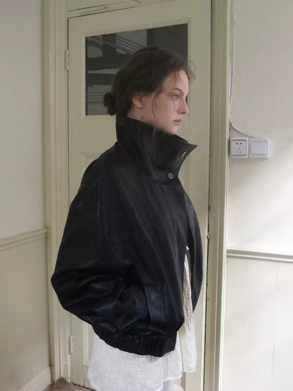 Misty Black Cropped Leather Zip Jacket