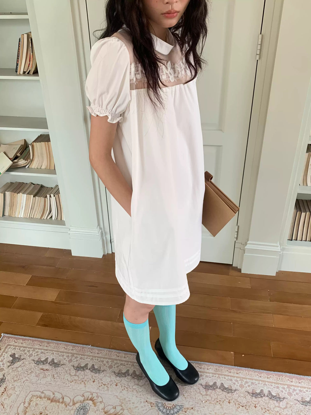 White Lace Tulle Puff-Sleeve Dress