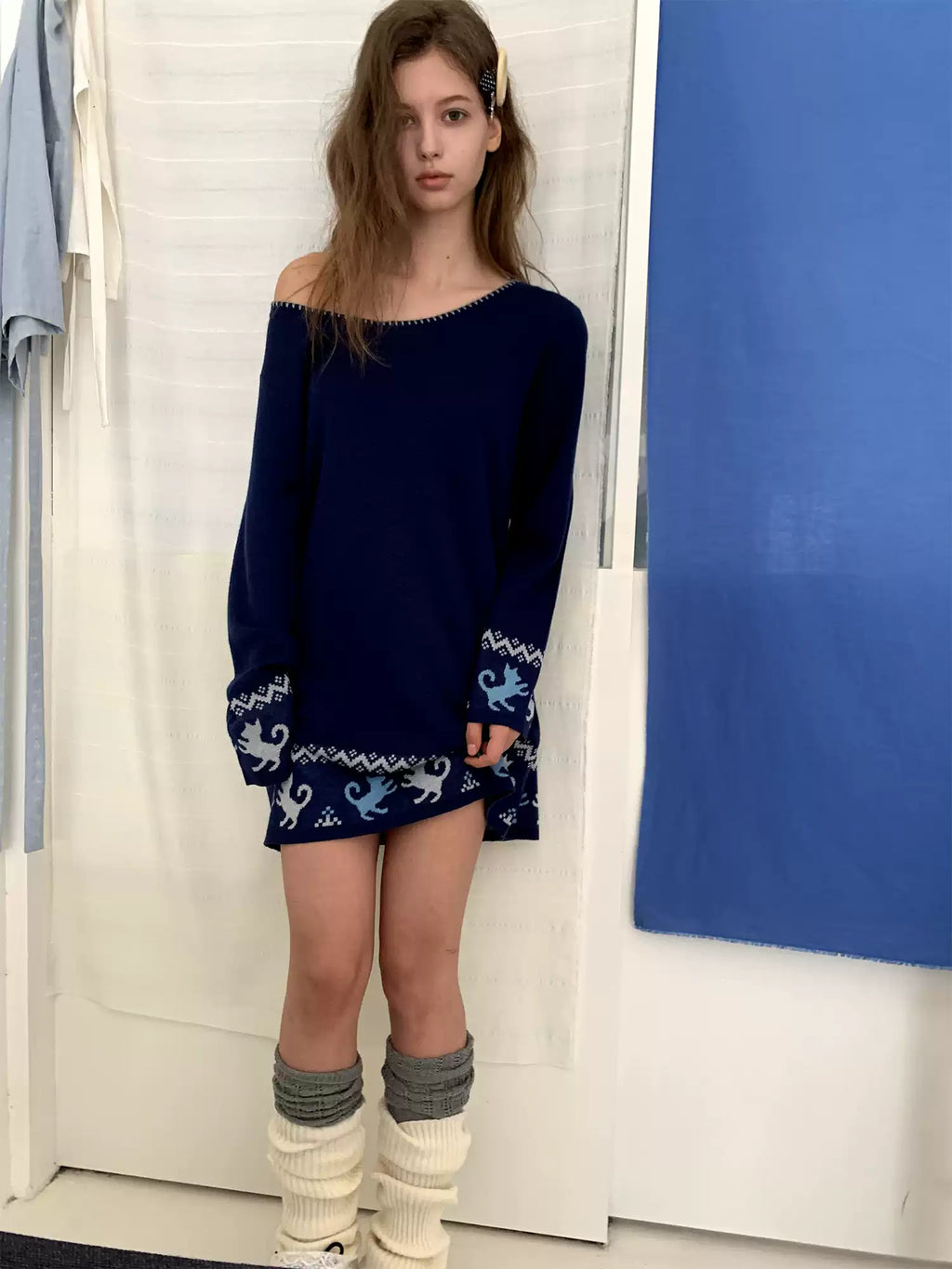 Fair Isle Off-Shoulder Wool Knit Top