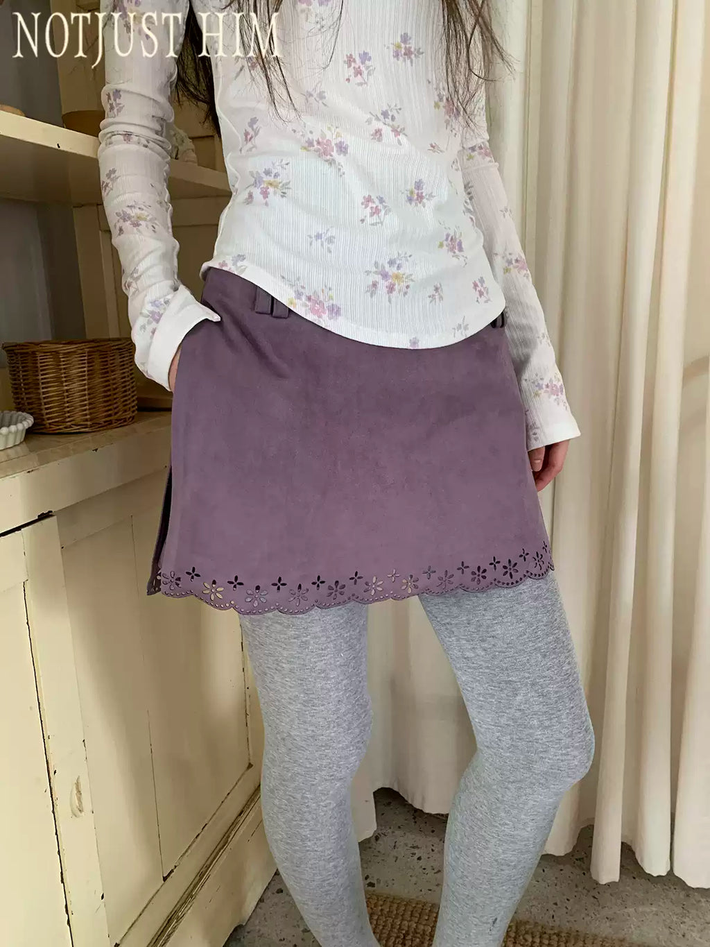 Smoky Purple Floral Faux Suede Mini Skort
