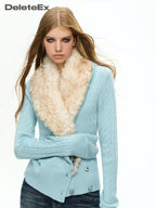 Cable Knit Cardigan with Detachable Fur Collar