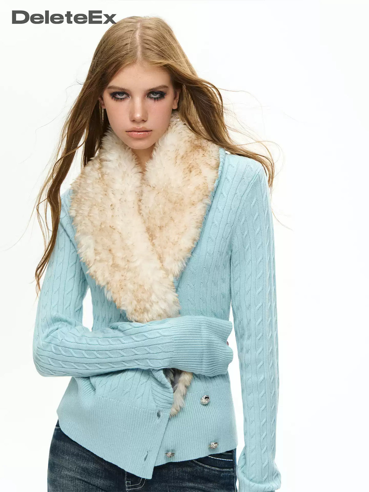 Cable Knit Cardigan with Detachable Fur Collar
