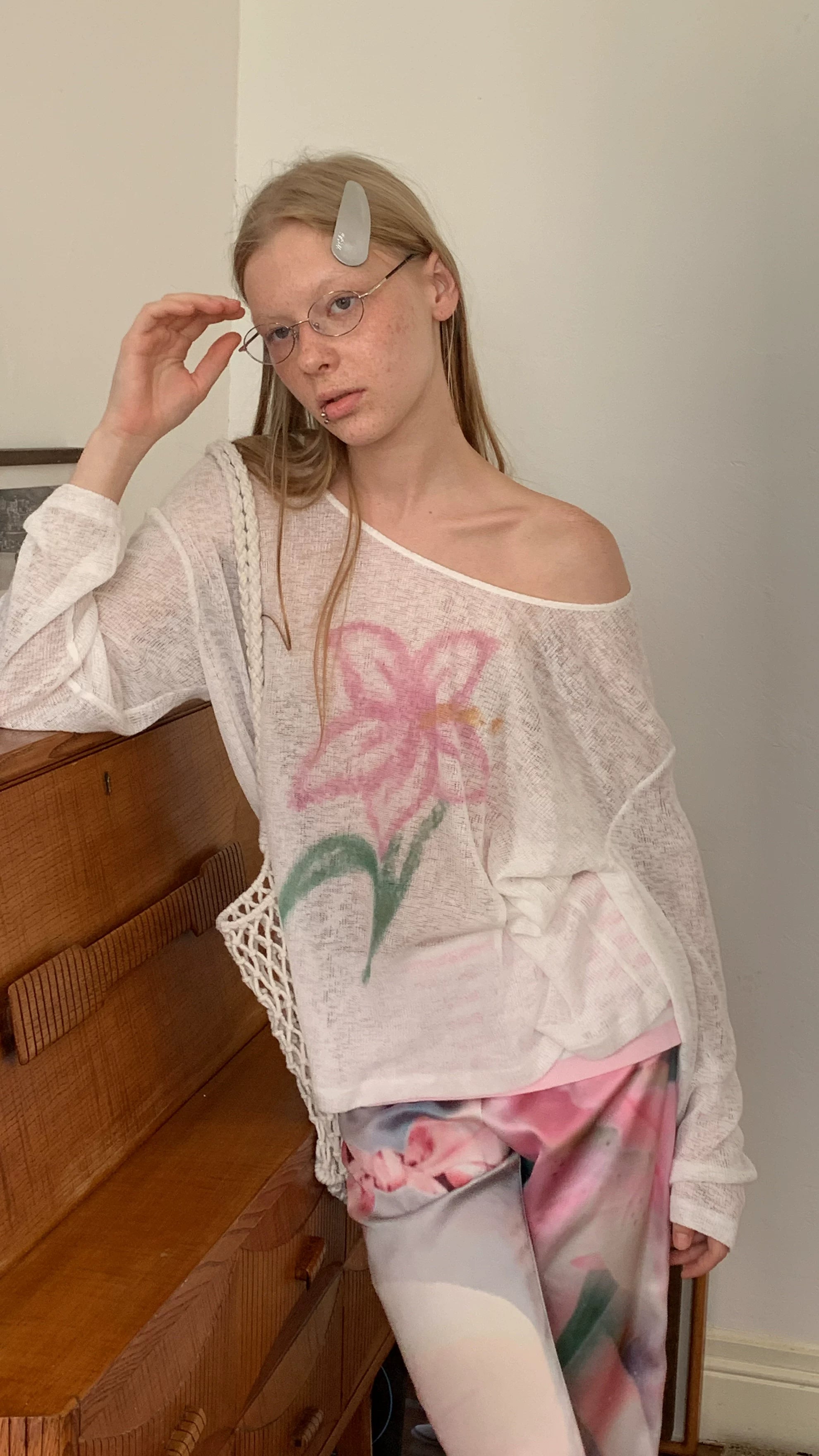 SOOMIE Sheer Floral Off-Shoulder Top