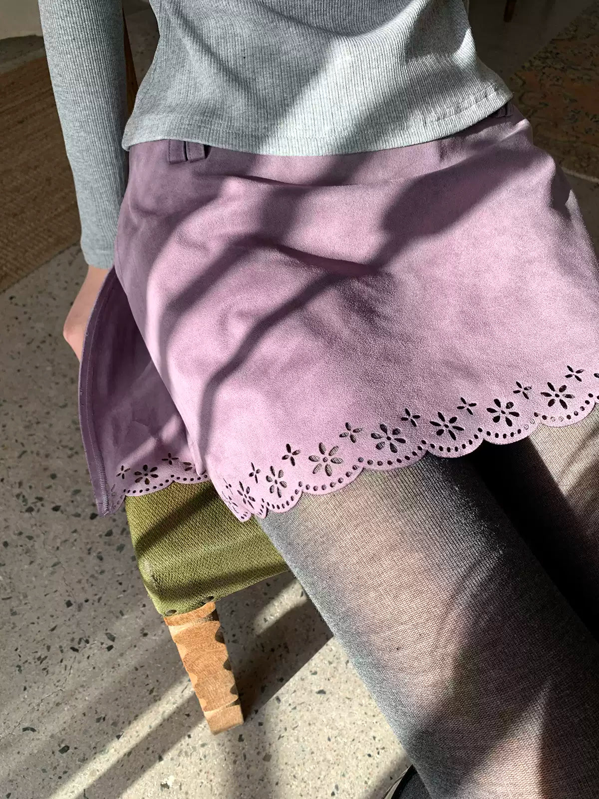 Smoky Purple Floral Faux Suede Mini Skort