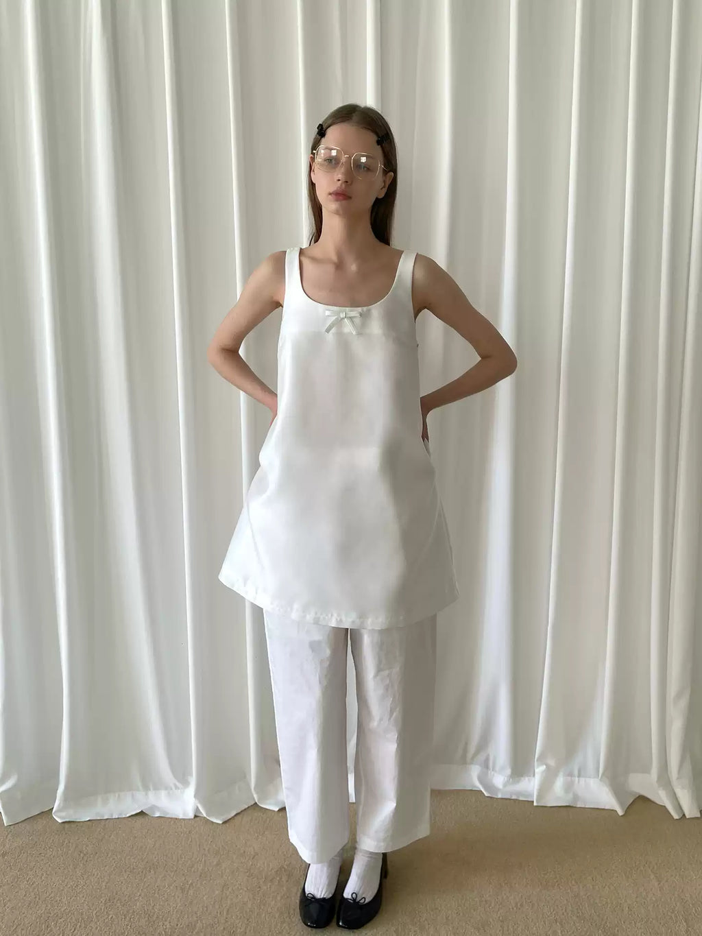 White Bow Sleeveless A-Line Dress