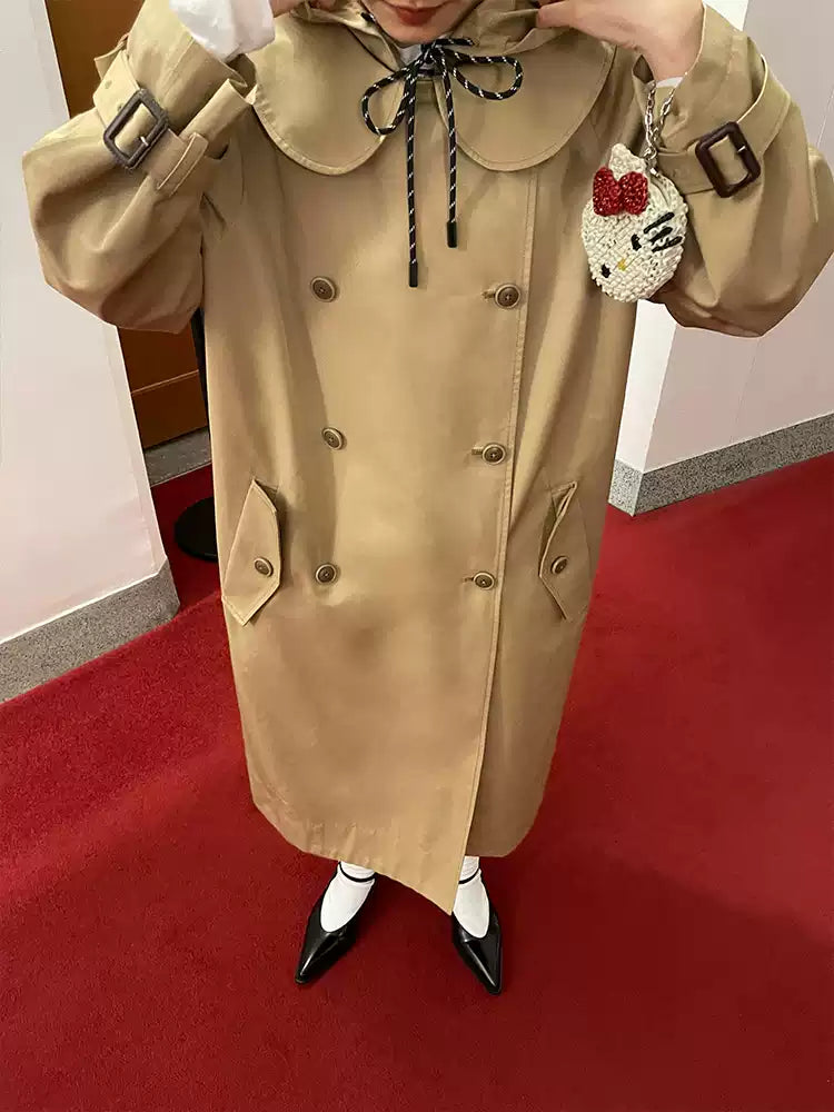 Khaki Peter Pan Collar Detachable-Hood Trench Coat