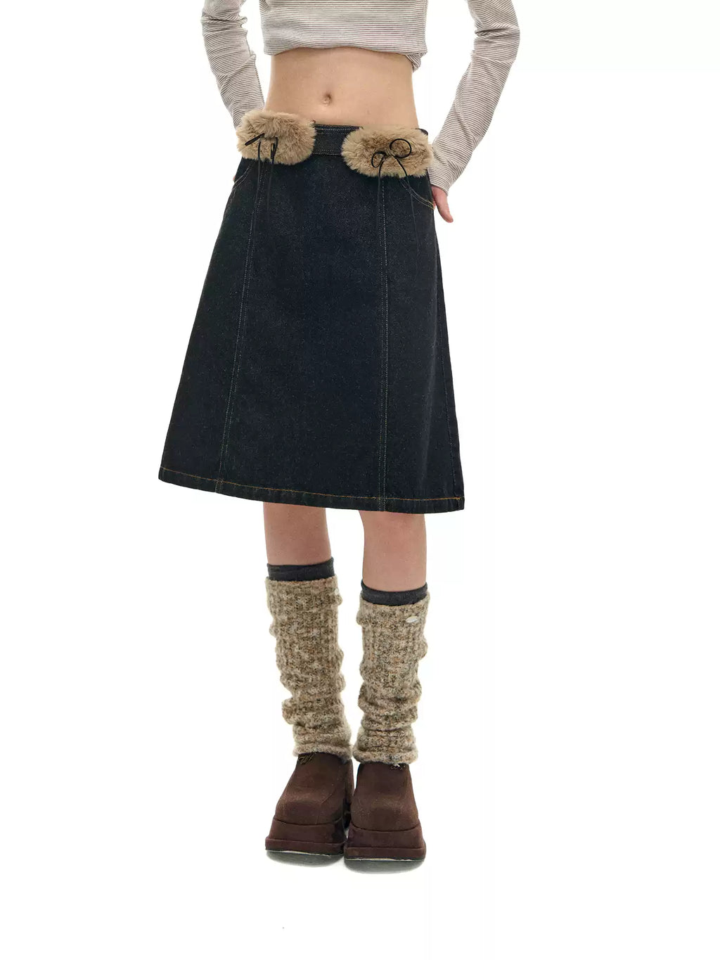 Denim Skirt with Furry Belt
