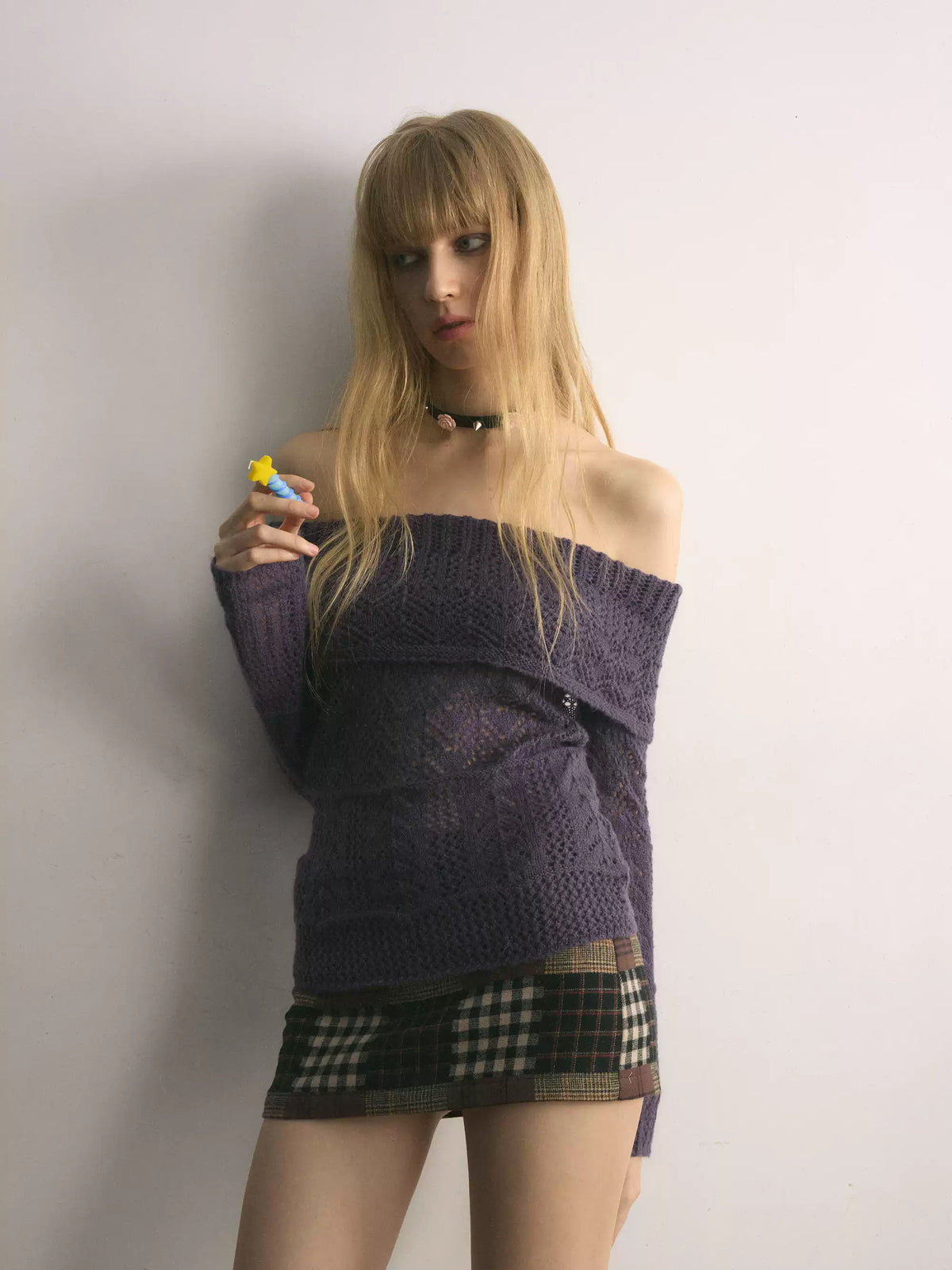 Vivid Purple Off-Shoulder Openwork Knit Top