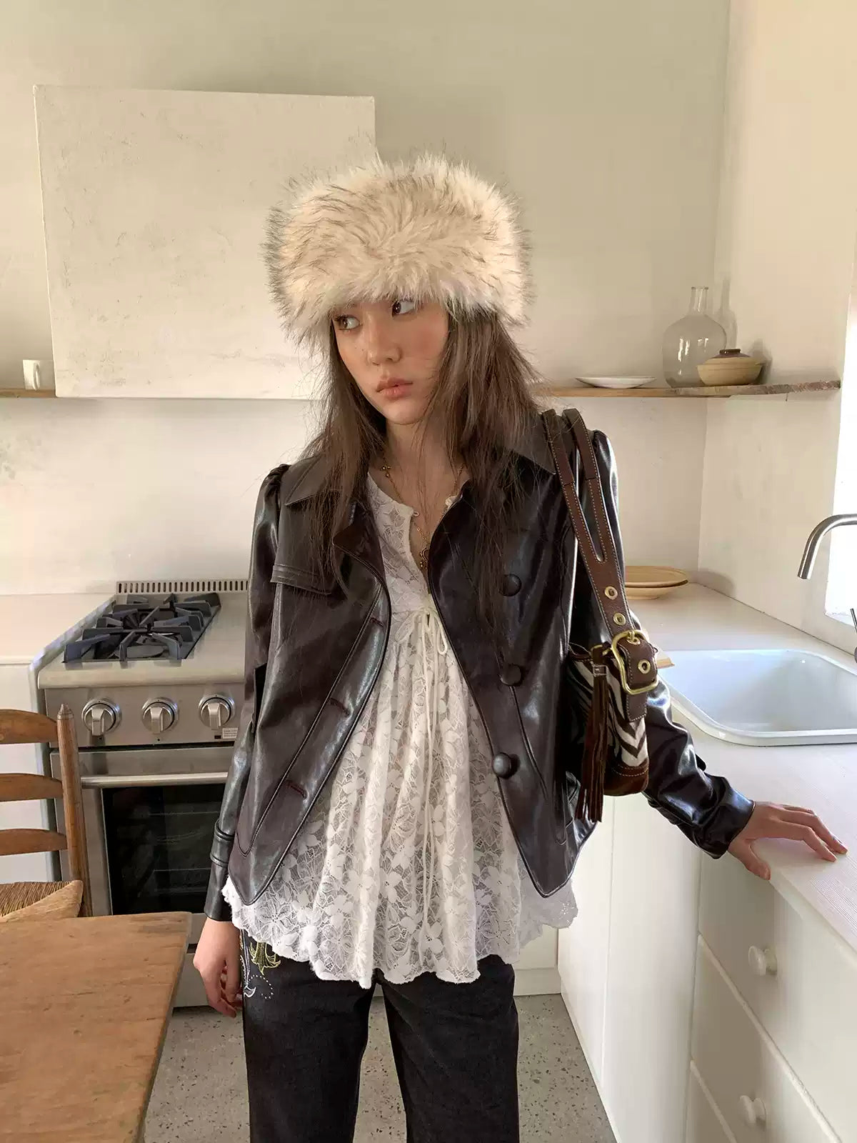 Ebony Brown Glossy Cropped Faux Leather Jacket