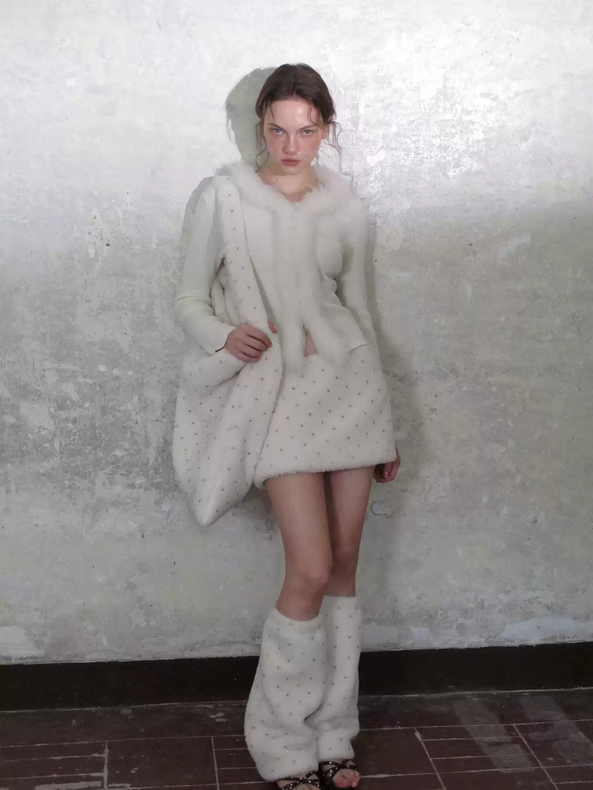 Rib Knit Fitted Cardigan with Fur Trim