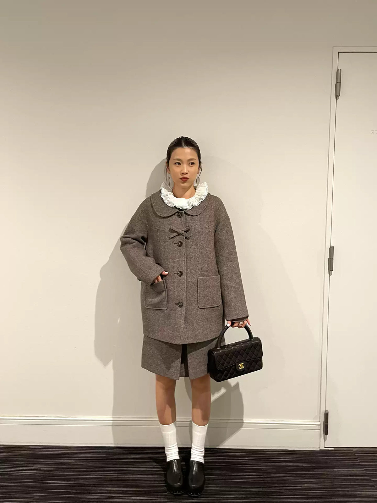 Wool-Blend Collar Bow Long Coat