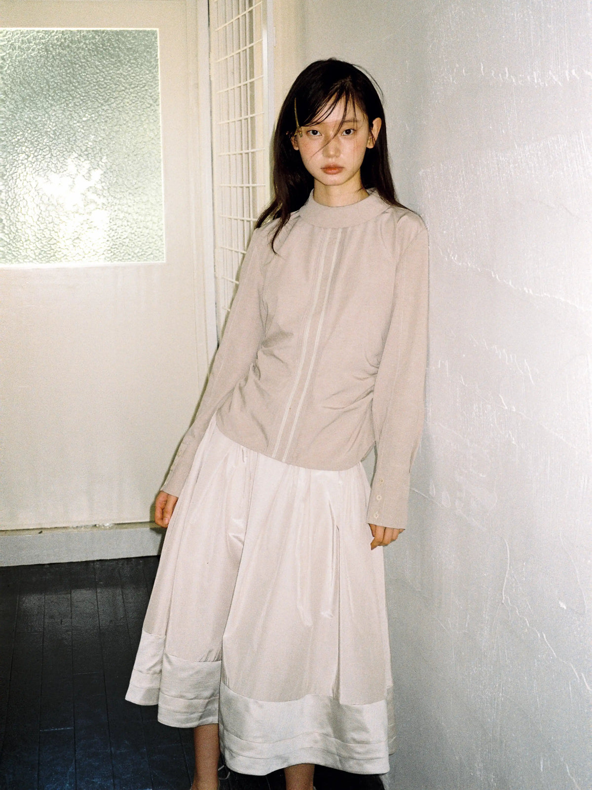 Pebble Gray Stand Collar Long Sleeve Blouse