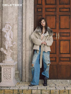Double-Faced Wool Blend Coat with Oversized Fur Collar