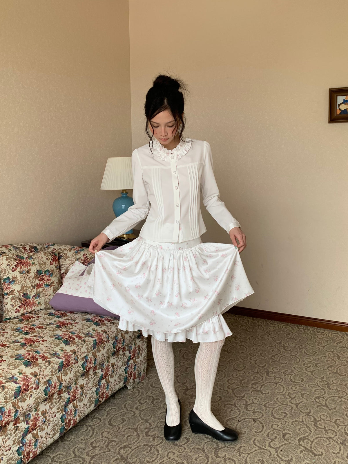 White Ruffle-Collar Blouse & Skirt Set