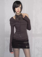 Lace Panel Halter Neck Long-Sleeve Top