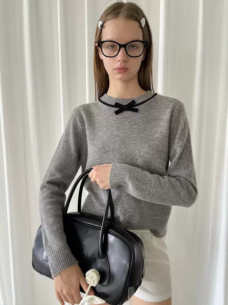 Gray Wool Neckline Bow Sweater