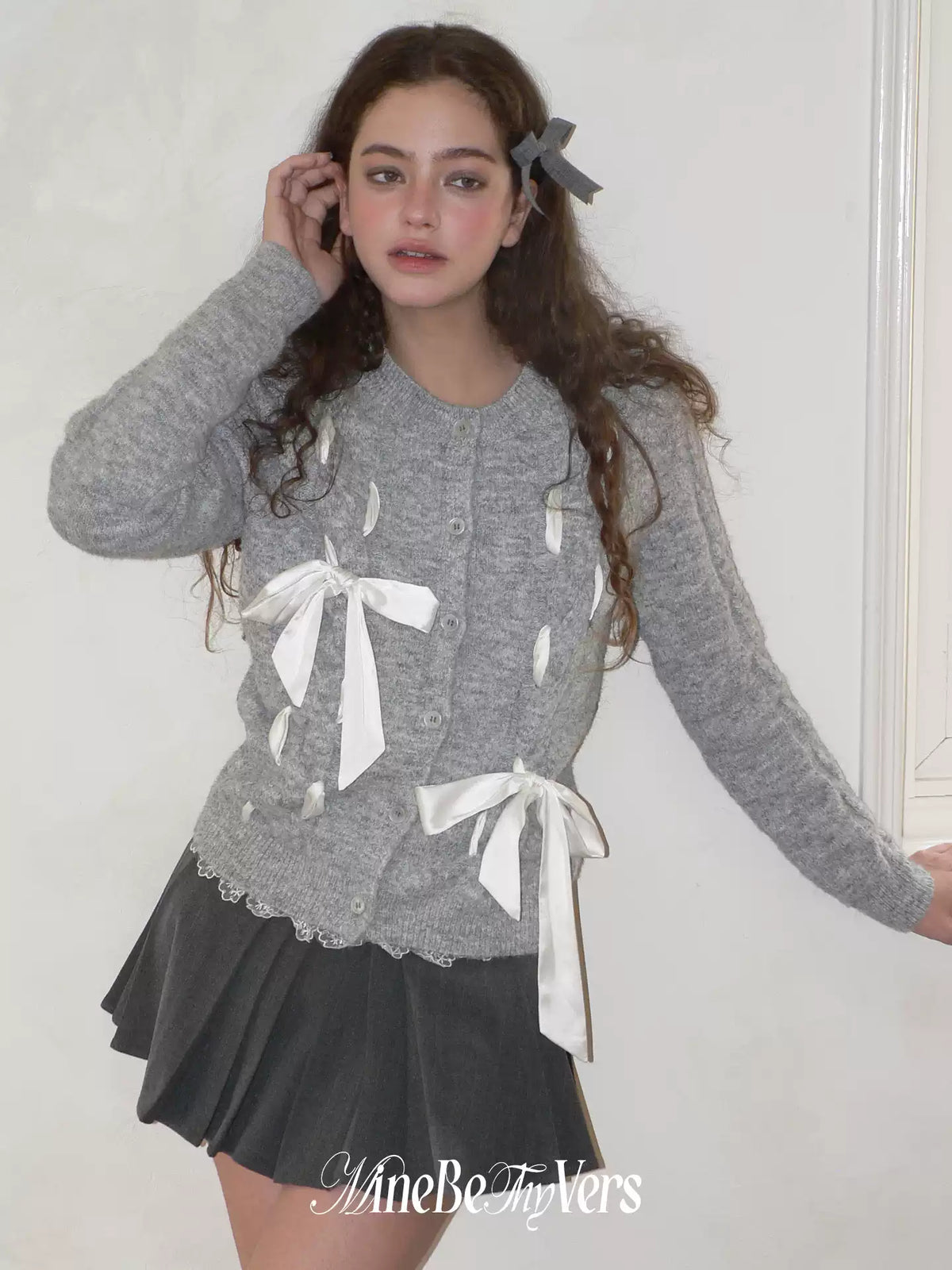 Gray Ribbon-Tie Wool-Blend Cardigan