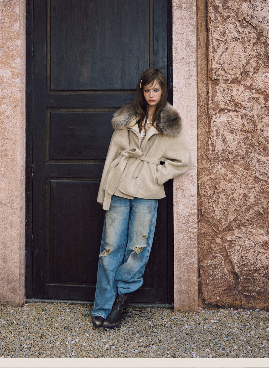 Double-Faced Wool Blend Coat with Oversized Fur Collar