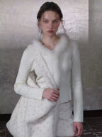 Rib Knit Fitted Cardigan with Fur Trim