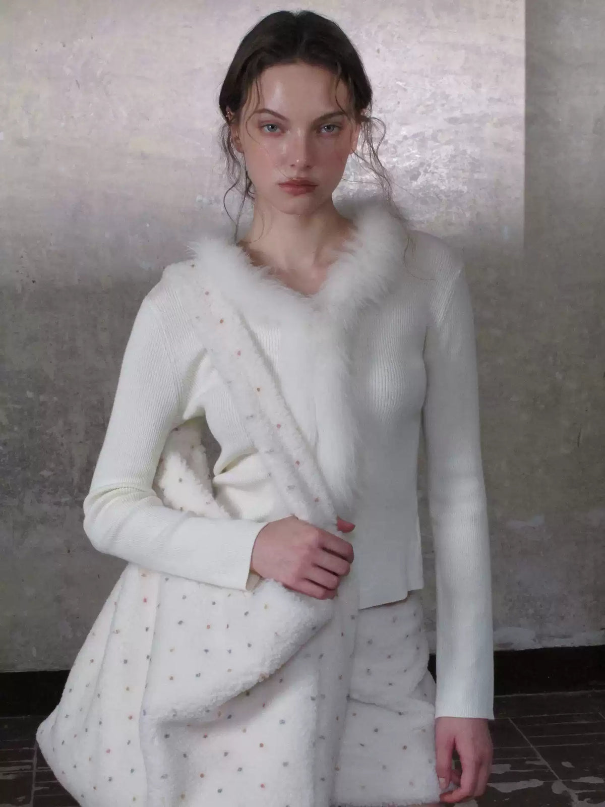 Rib Knit Fitted Cardigan with Fur Trim