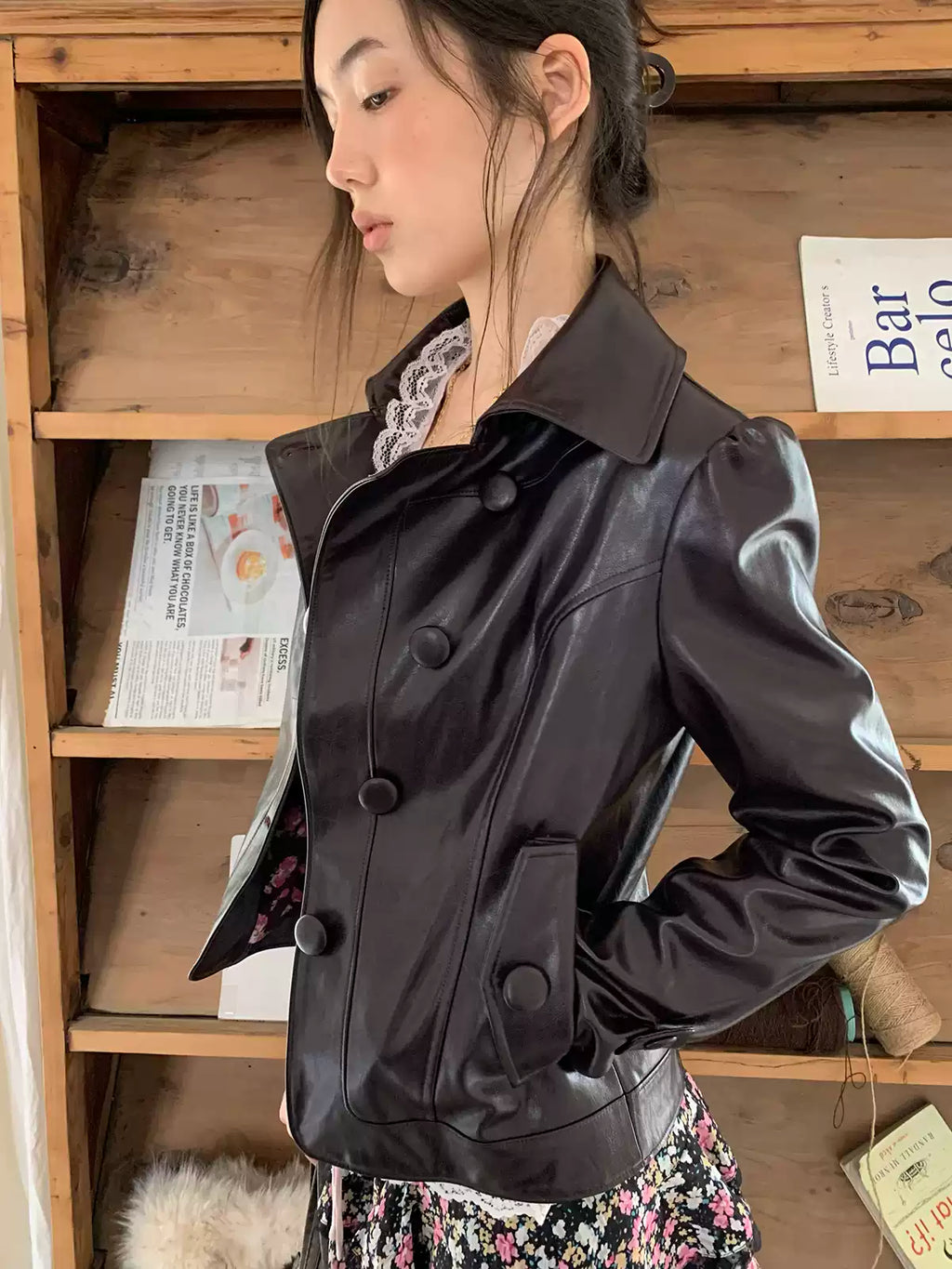 Ebony Brown Glossy Cropped Faux Leather Jacket