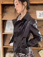 Ebony Brown Glossy Cropped Faux Leather Jacket