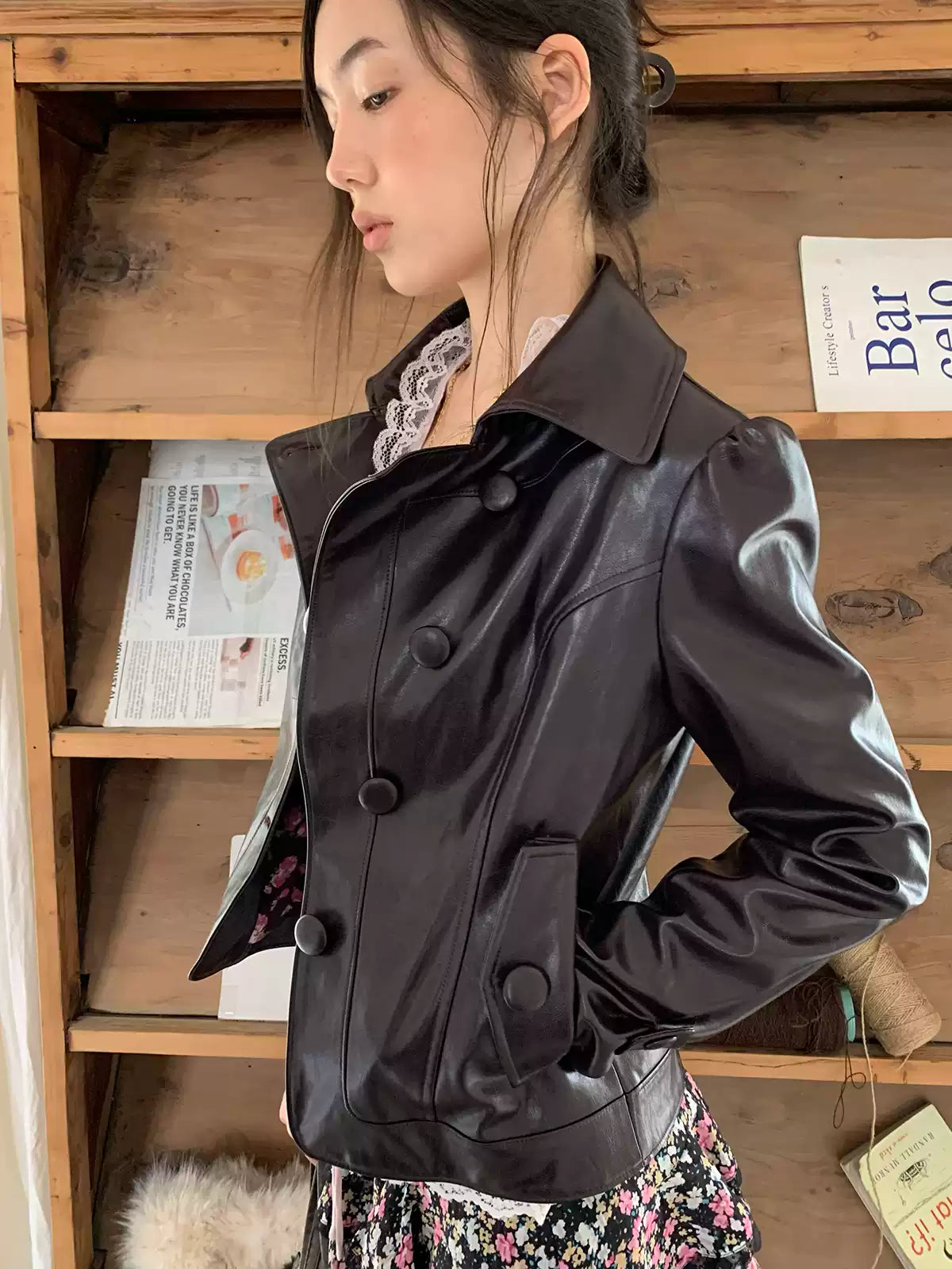 Ebony Brown Glossy Cropped Faux Leather Jacket