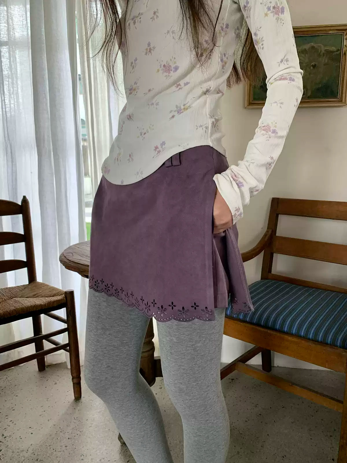 Smoky Purple Floral Faux Suede Mini Skort