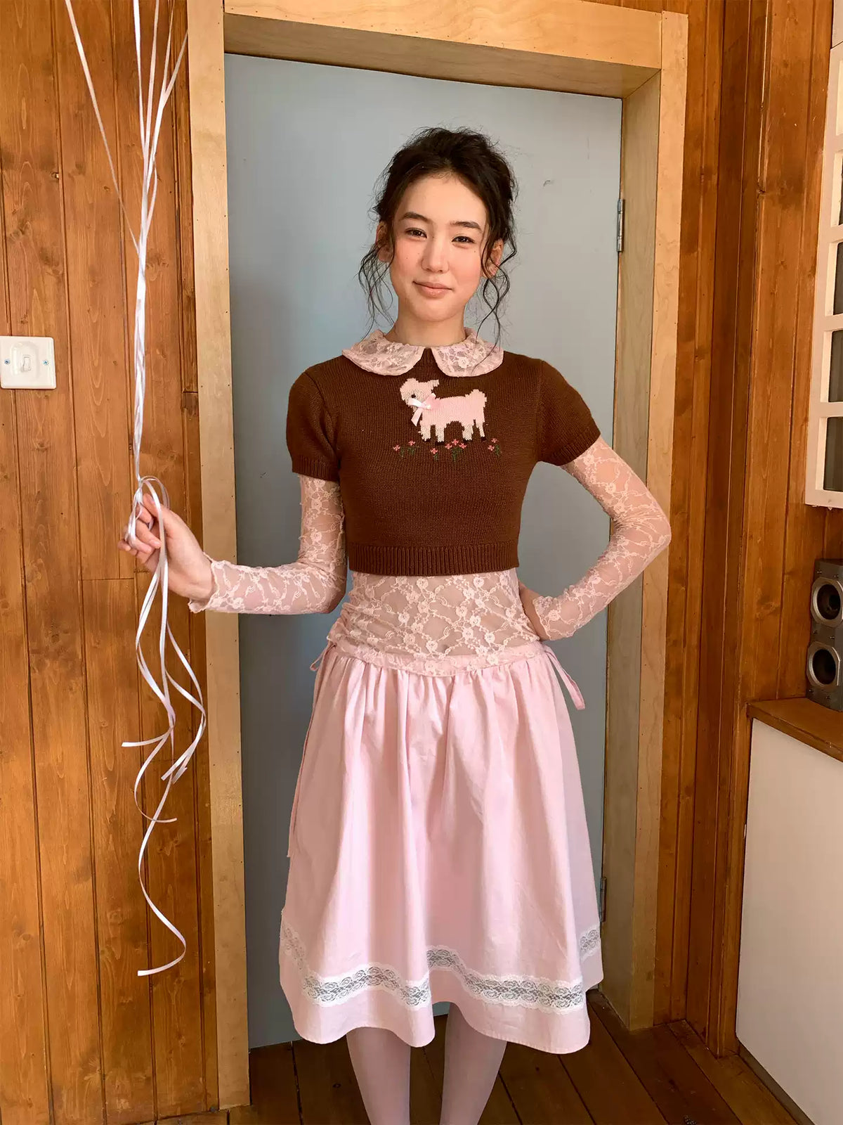 Retro Brown Rabbit Short-Sleeve Knit Top