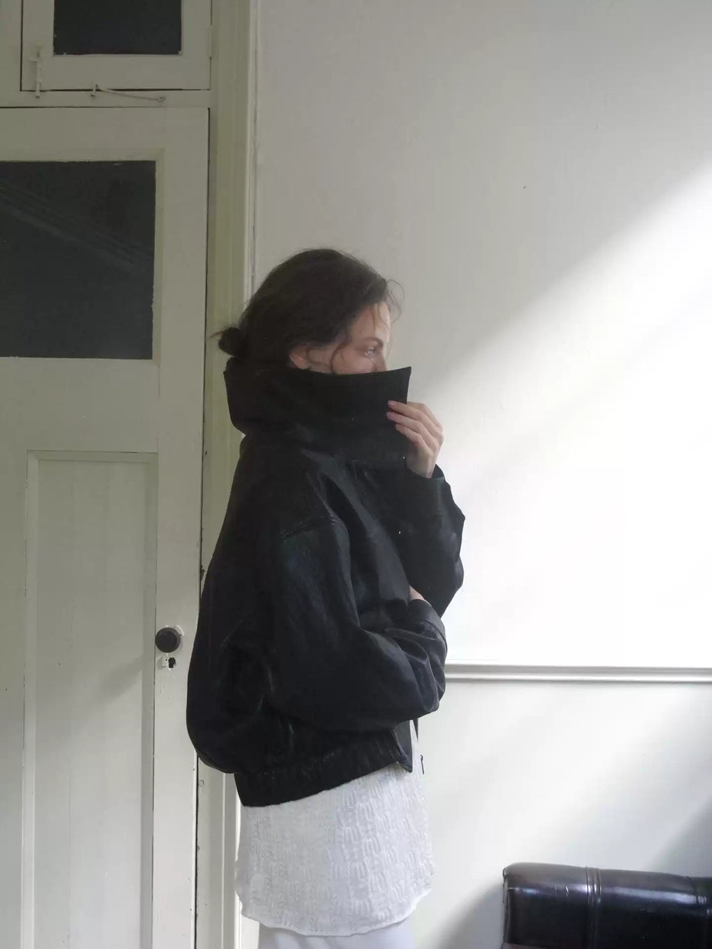 Misty Black Cropped Leather Zip Jacket
