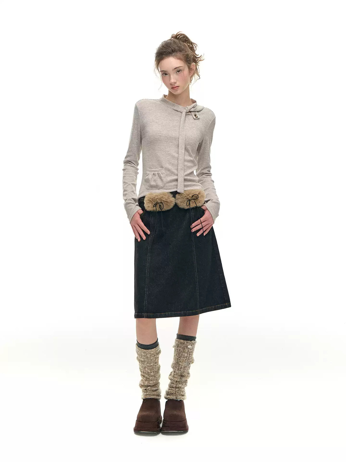 Denim Skirt with Furry Belt
