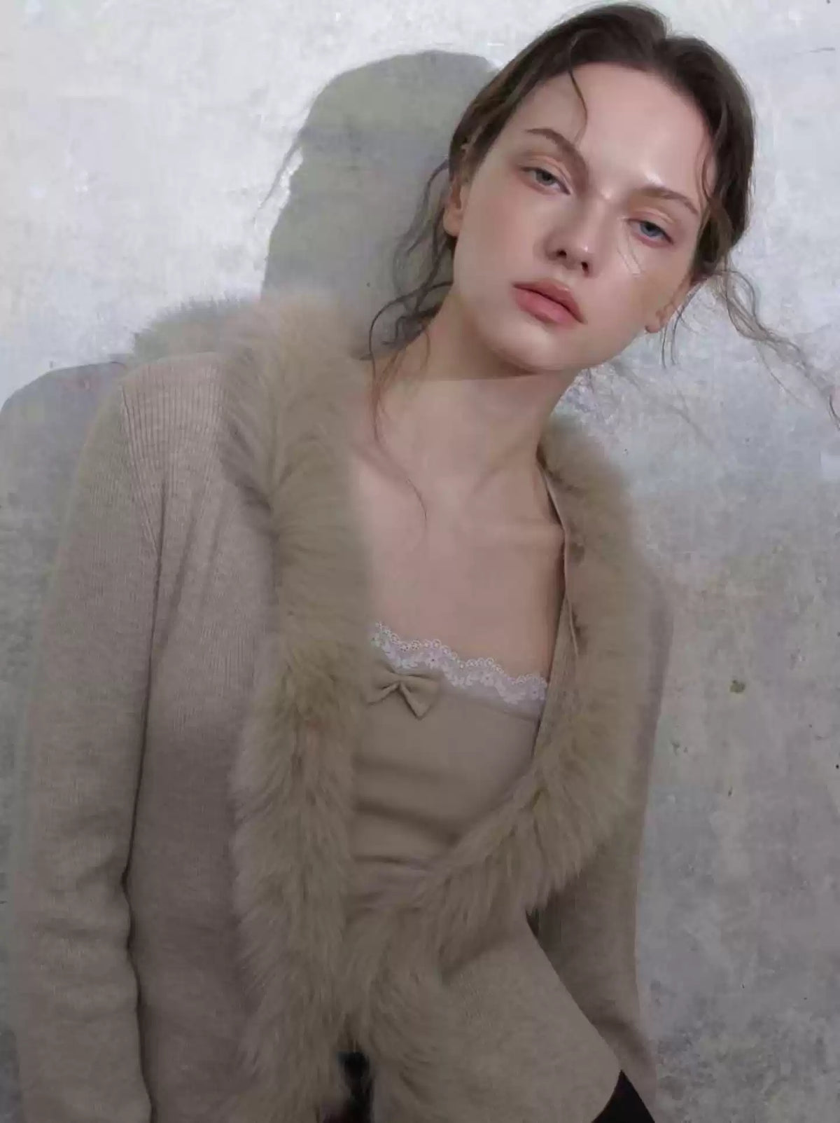 Rib Knit Fitted Cardigan with Fur Trim