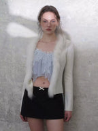 Rib Knit Fitted Cardigan with Fur Trim