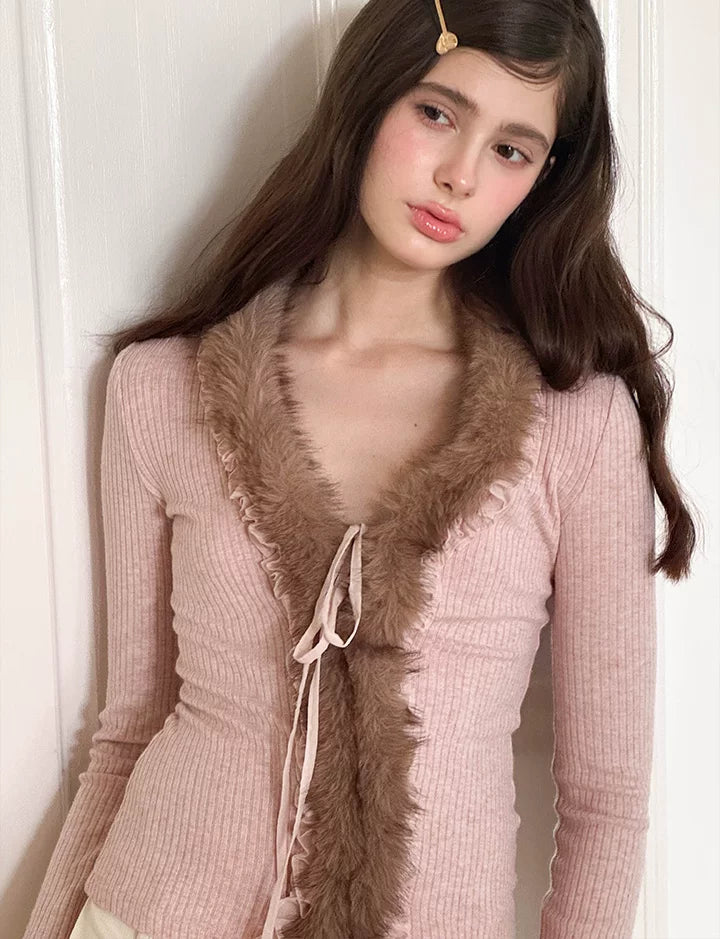 Pink Contrast Faux-Fur Trim Cardigan