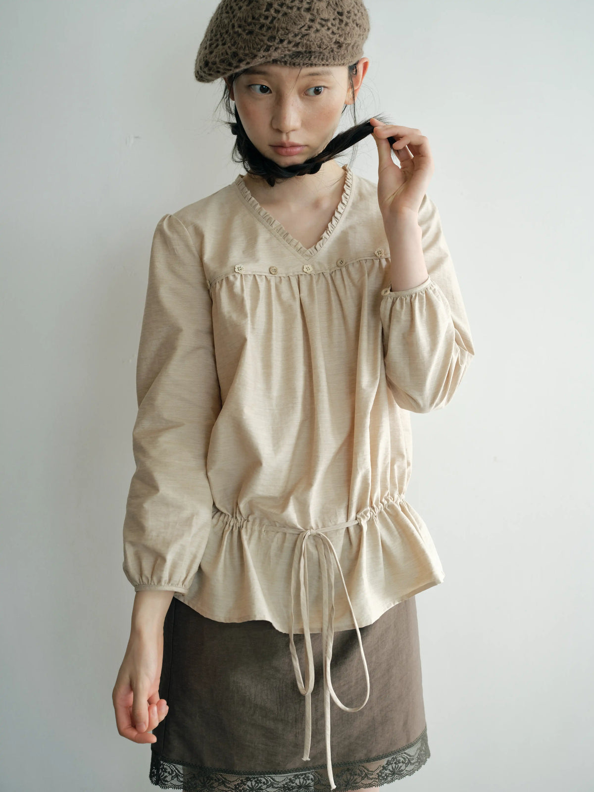 Relaxed V-Neck Tie Front Ruffle Blouse